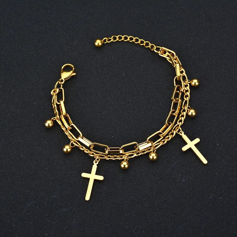 

Stainless Steel Cross Charm Bracelet Double Layered Figaro Chain Bracelet Religious Christian Jewelry For Unisex