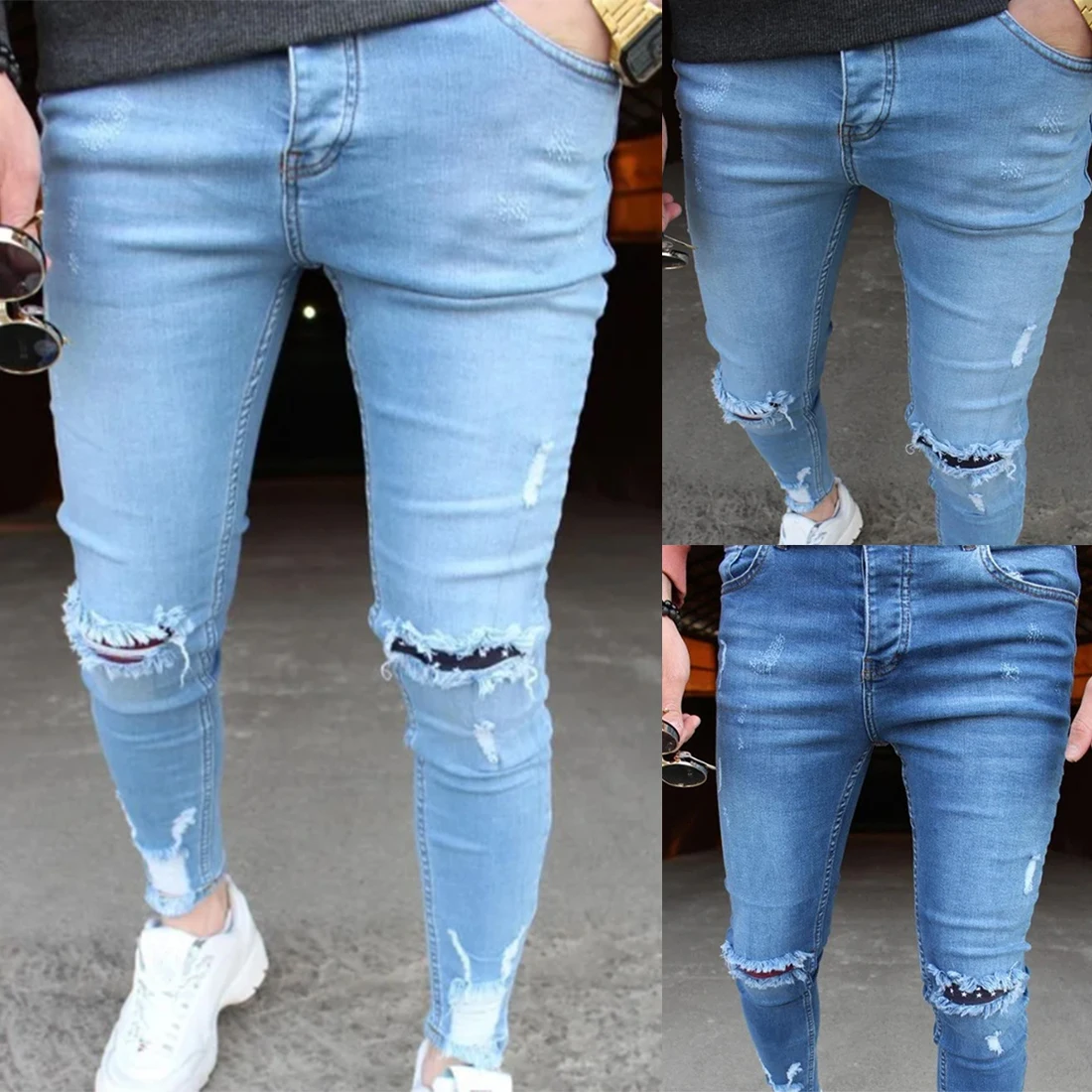 

Adisputent Brand 2021 Jeans Mens Solid Color Jeans Slim Pencil Pants Blue Hole Ripped Design Streetwear Jogging Denim Trousers