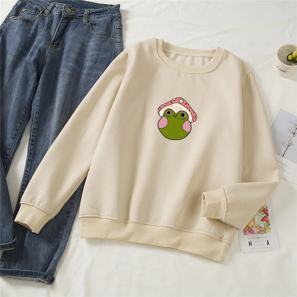 Funny Mushroom Frog Sweetshirt for Girls Women Hoodies Long Sleeve Loose Oversized Sweatshirt Women Aesthetic Oversized Hoodie