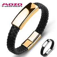 mozo fashion trendy men black leather glossy stainless steel bracelets man collocation punk cuffs jewelry 2 colors