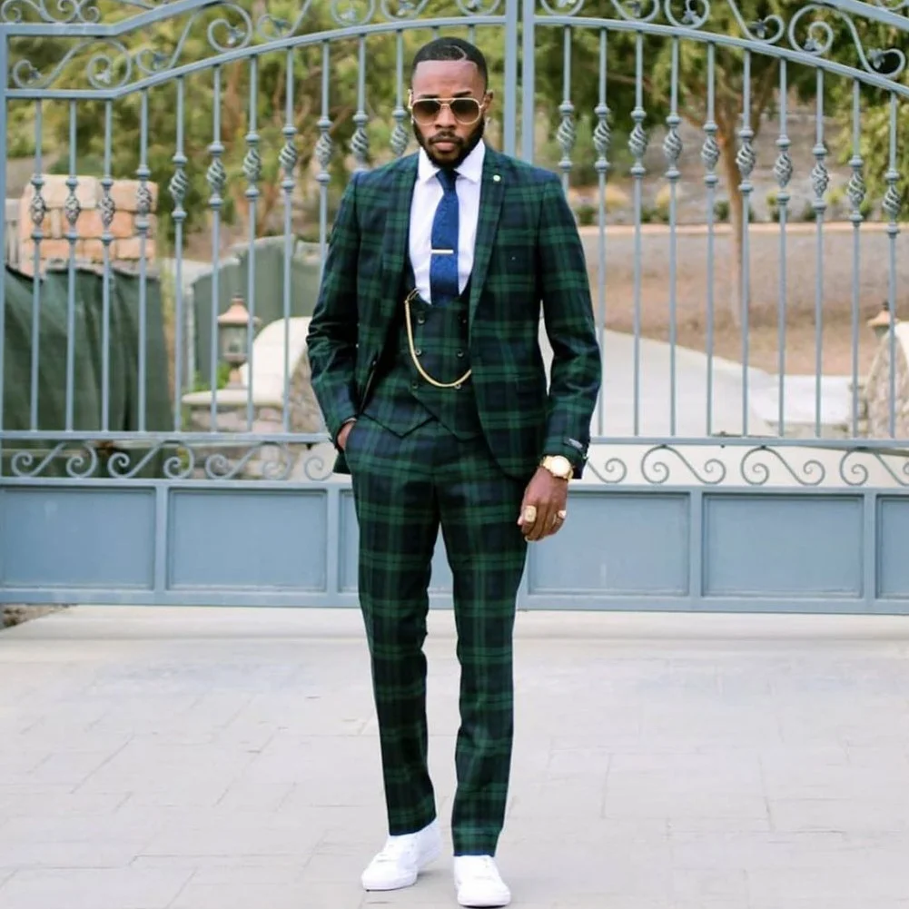 

Dark Green Damier Check Men's Suit Notched Lapel Tailored Tuxedos For Wedding Male Blazers With Jackets Vest And Trousers