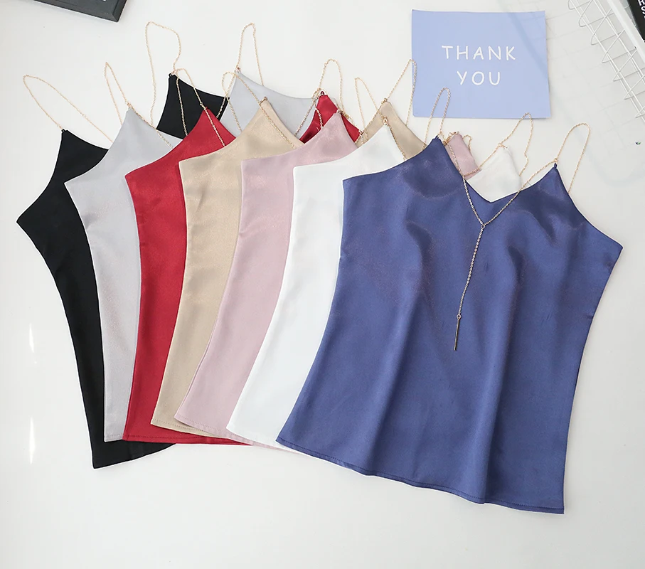 Атлас Для женщин Твердые майки Топ Спагетти ремень Лето рубашки спинки пикантные