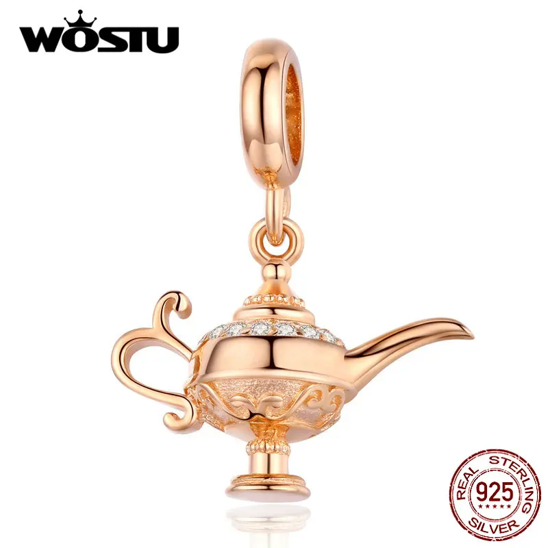 

WOSTU Real 925 Sterling Silver Lamp of Aladdin Charm Rose Gold Beads Fit Original Bracelet Pendant