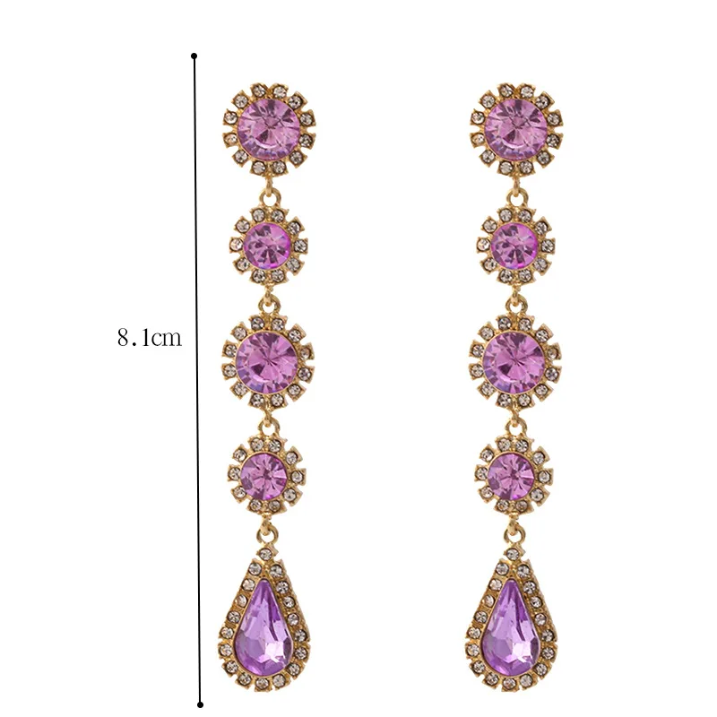 

Luxury Baroque Long Water Drop Shape Crystal Flower No Hole Earrings Statement Full Shinny Purple Rhinestone Clip on Earrings