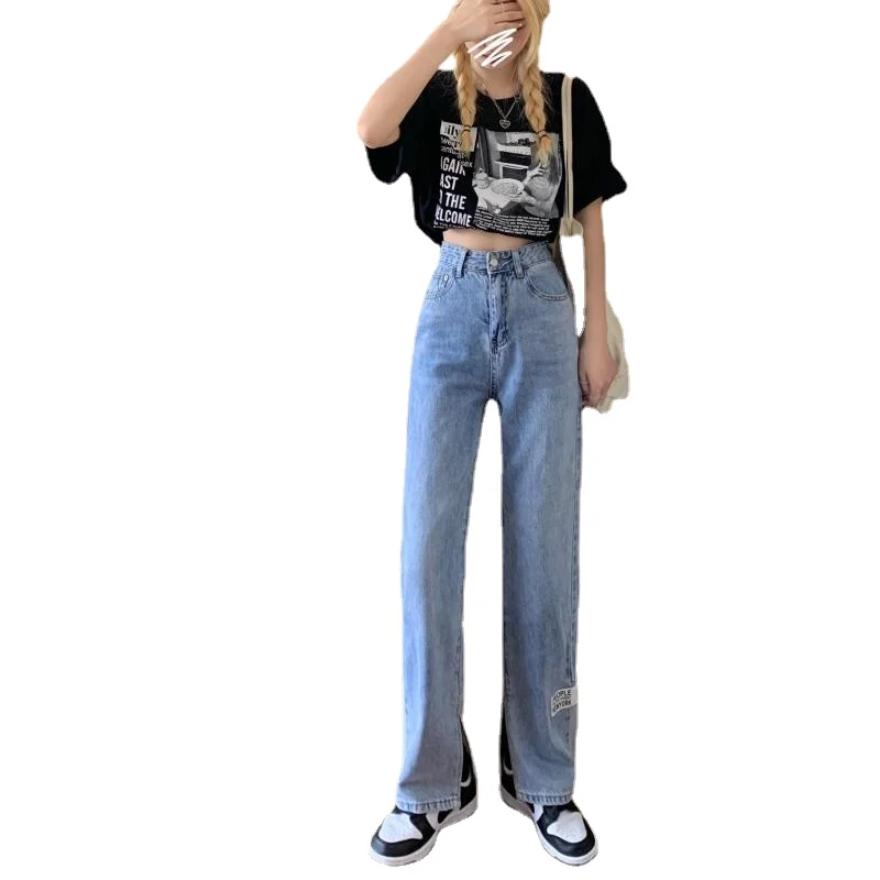 

Женские джинсы с Боковым Разрезом, свободные синие мешковатые джинсы с высокой талией, модель y2k большого размера, 2022