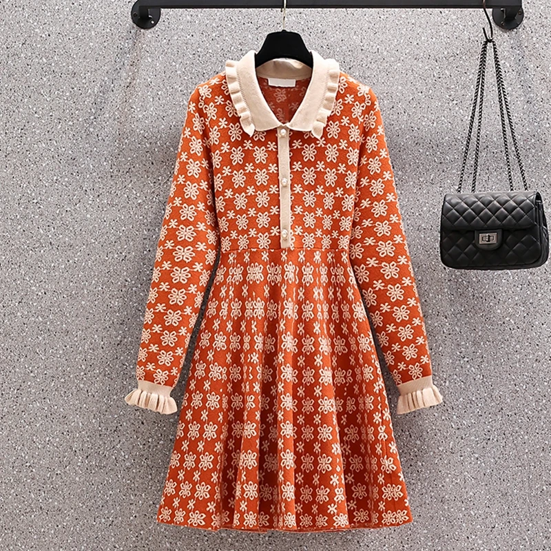 

Autumn Women Knit Dress 2021 Vintage Full Sleeve Flower Jacquard Dresses Female High Elastic Waist Party Dress Vestidos