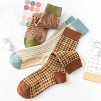 new brown sweet retro womens cotton socks houndstooth wave geometry pattern trendy japanese socks for autumn winter casual sock