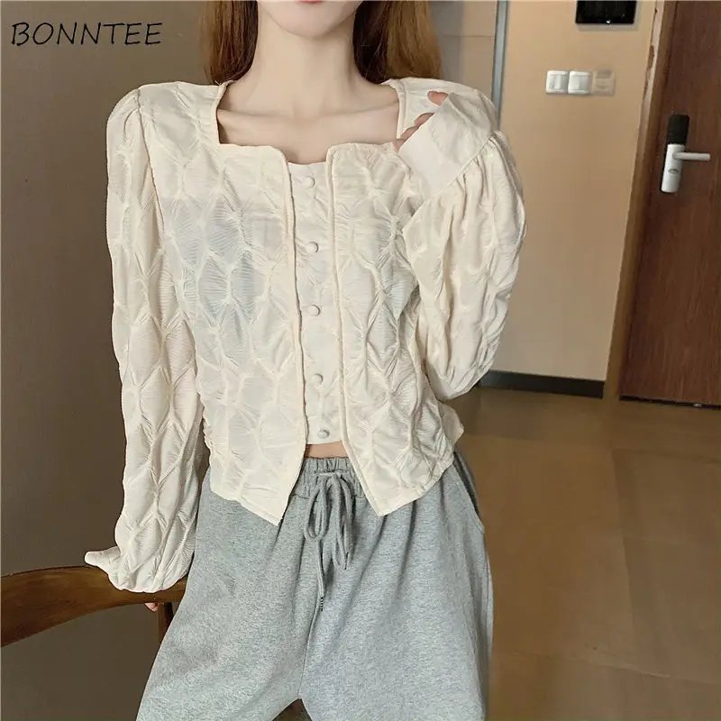 

Blouses Women Square Collar Vintage French Style Tender All-match Pure Casual Tops Classy Prevalent Puff Sleeve Feminino Autumn