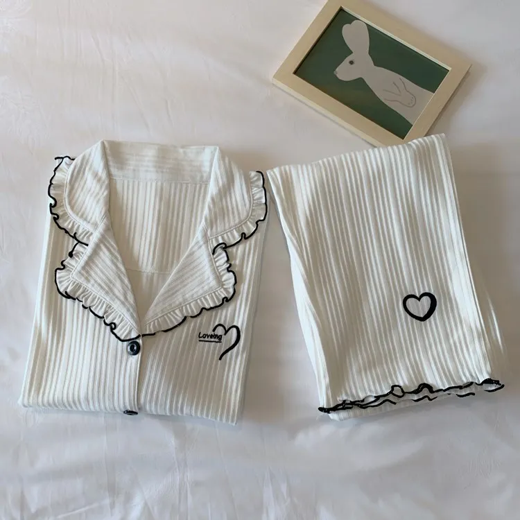 

Spring And Summer Pajamas Women 2021 New Embroidery Peach Heart Sleepwear Long-sleeved Cardigan Cotton Suit Casual Homewear