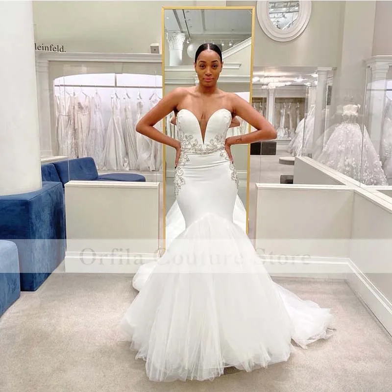 

Mermaid Wedding Dresses 2021 Sweetheart Lace Appliques African Bridal Dress Robes Sweep Train Wedding Party Gowns