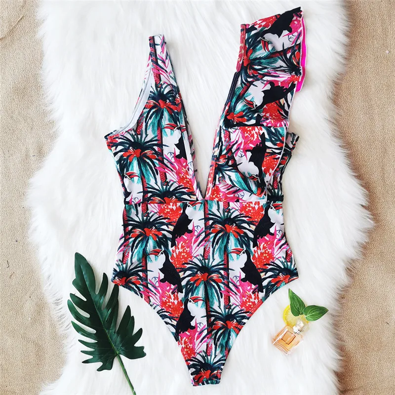 

2021 New Sexy Ruffle Floral Print One Piece Swimsuit Women Solid Deep V-neck Push Up Swimwear Summer Beachwear Backless Monokini