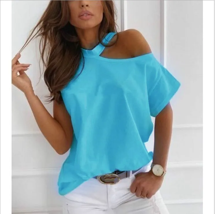 

Plus Size Women Summer Solid Color T-shirt Sexy Off Shoulders O-neck Short-Sleeved Tshirt Fashion Lady Street Casual White Tops