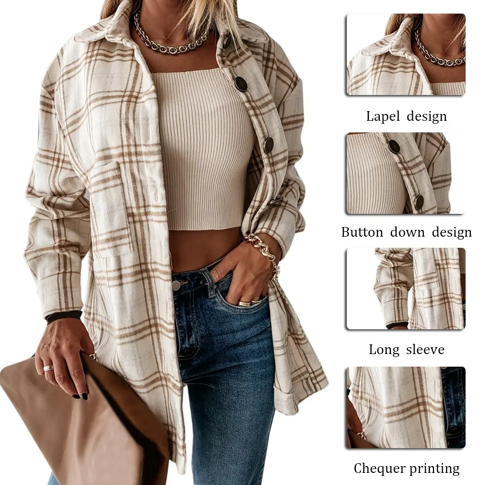 

Women Plaid Blouse Long Sleeve Checked Oversized Pink Shirt Turn Down Collar Thick Ladies Vintage Chic Top Blusa