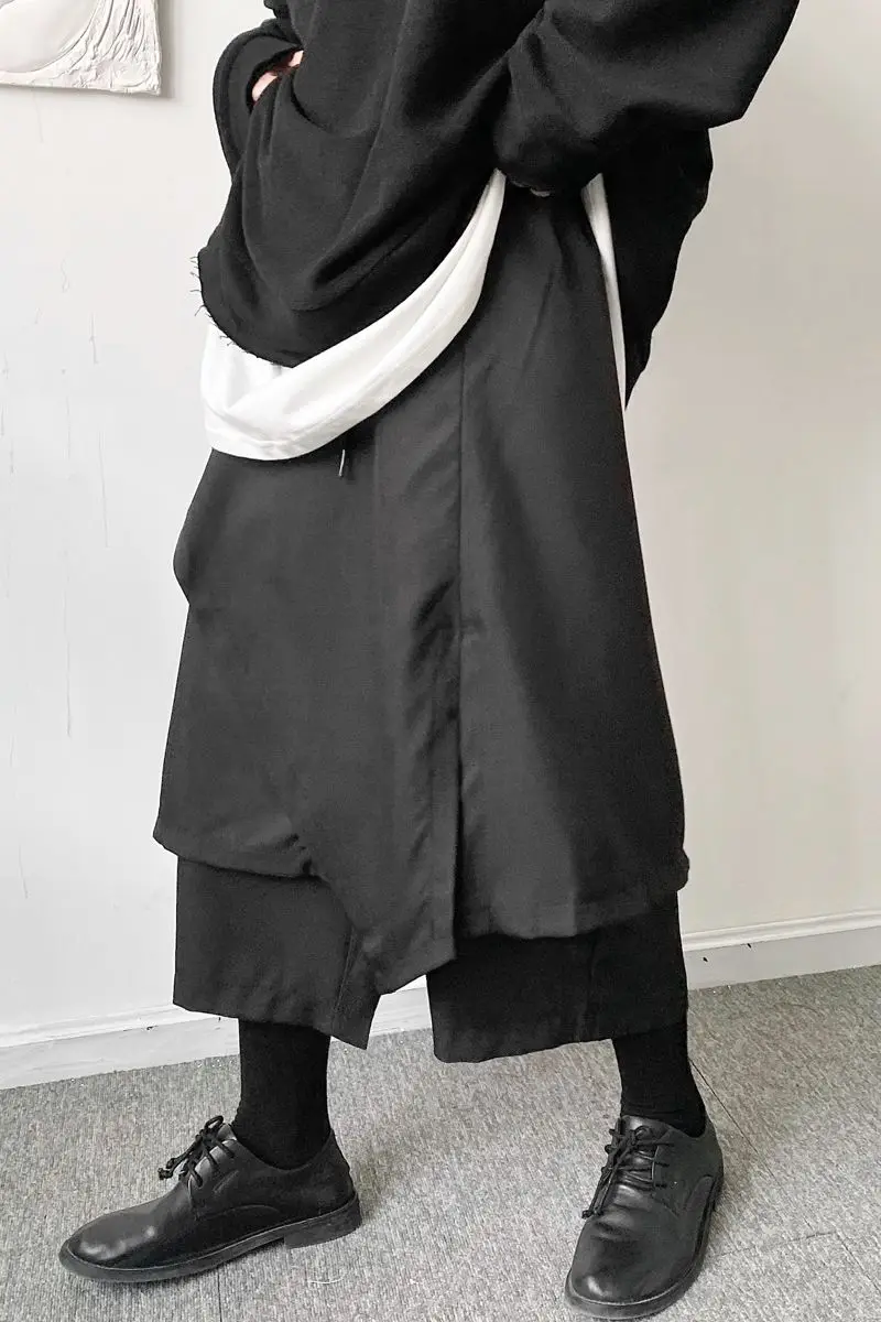 

IEFB Niche design irregular stitching men's Harem Pants loose causal japanese style fake two piece Calf-length pants 9Y6661