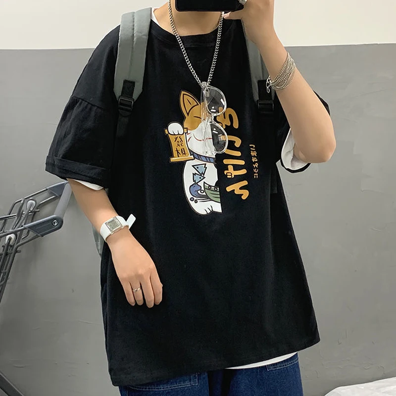 Summer Women T-shirts Casual Kawaii Fortune Cat Print Short Sleeved Tee Shirt Vintage Hip Hop Harajuku Anime Couples Tshirt Tops