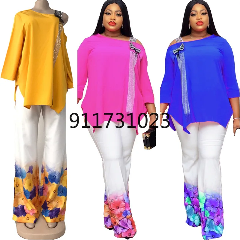 2021 Африканские женщины с длинным рукавом розовый синий комплект из двух частей