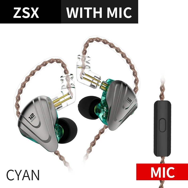 Cyan with mic KZ ZSX Терминатор 5BA 1DD гибридные наушники-вкладыши HIFI металлическая гарнитура Музыка Спорт ZS10 PRO AS12 AS16 ZSN PRO C12 A10 V90 AS10 P1 - Цвет: Cyan with mic