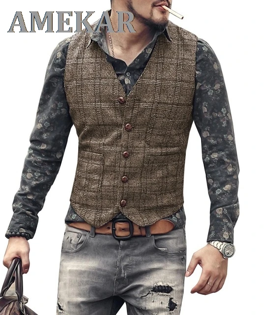 

Жилет мужской твидовый, коричневый, черный, в клетку, с V-образным вырезом