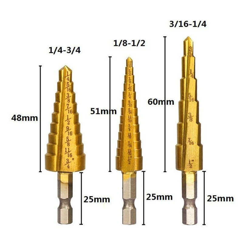 

3 Pcs Step Drill Bits High Speed Steel Drill Kit for Metal Aluminium Wood Drilling Hole Tool