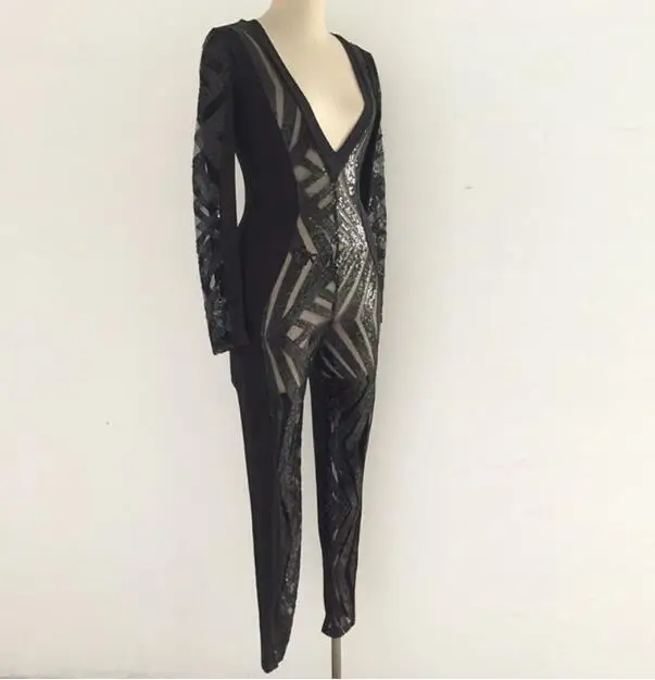 Hot Sale Sexy Deep V-Neck Long Sleeve Sequined Black Bodycon Jumpsuit for Women Club