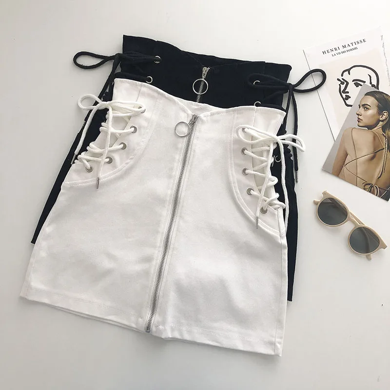 

Spring Autumn Women skirt Tie High Waist Denim Shorts Female Casual Black skirt Student All Match Skinny Hot skirt 2021