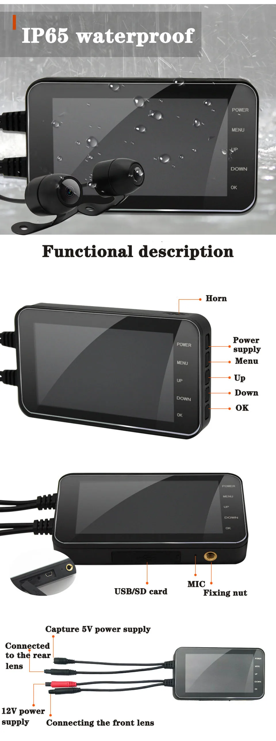 Wifi Motorcycle DVR Camera HD 1080P 4 Inch Dash Cam Moto Waterproof Dual Lens 170 Degree Angle Front Rear View Video Recorder