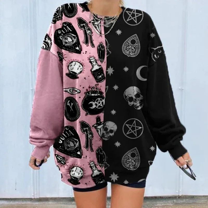 

High quality women's personality splice tie-dye long sleeves in the long hoodie Chunqiu Street wear round neck hoodie