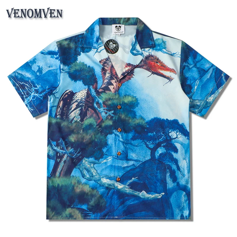 

forest dinosaur print beach hawaiian shirt men oversized camisa masculina holiday getaway harajuku retro anime shirt women's Y2K