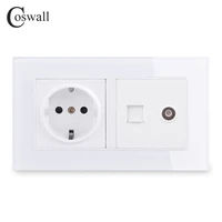 coswall eu standard wall socket female tv jack with internet computer data rj45 cat5e connector tempered crystal glass panel
