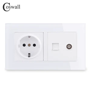 coswall eu standard wall socket female tv jack with internet computer data rj45 cat5e connector tempered crystal glass panel free global shipping