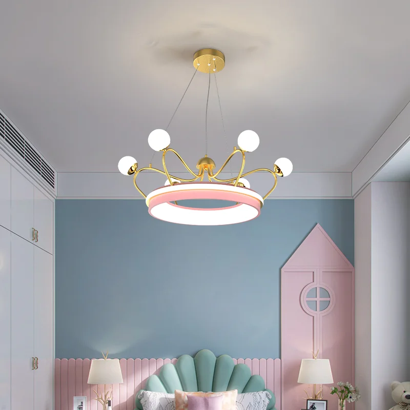 

Bedroom dining room front door balcony lamp modern decorative lamp for children's room golden round crown pendant LED chandelier