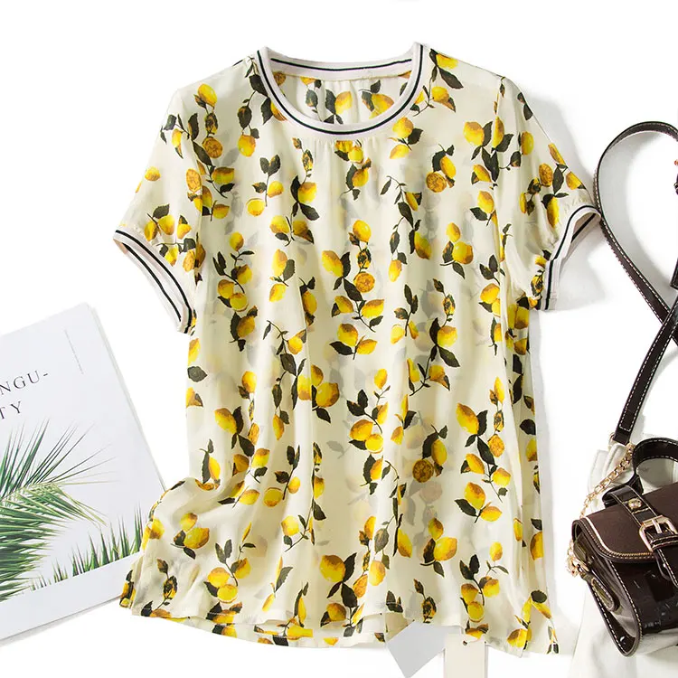 Тонкая женская блузка с принтом из натурального шелка летняя коротким рукавом 2020