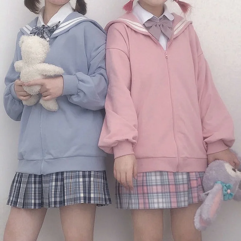 

QWEEK Kawaii Zip Up Hoodie Sailor Collar Sweatshirt Japanese Style Long Sleeve Cute Tops for Teens 2021 Pink Soft Girl Kpop Chic