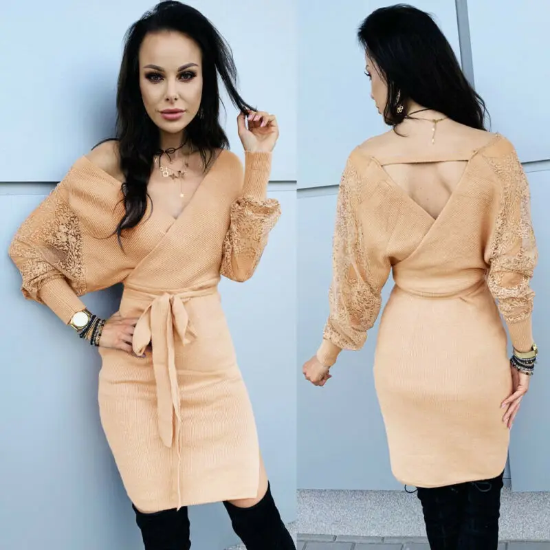 

Goocheer 2019 new Autumn Women Bodycon V Neck Knit Dress Elegant Slim Tie Front Dress Ladies Party Belt Lace Short Dress