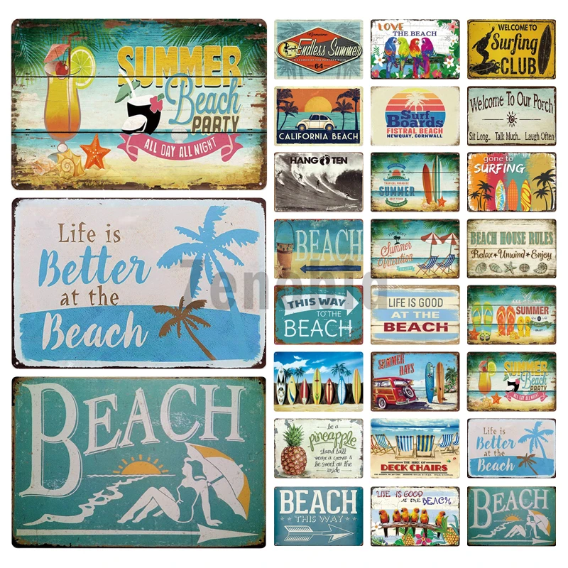 

Summer Beach Vintage Metal Plaques Art Iron Painting Pub Cafe Metal Tin Sign Living Room Wall Stickers Decor Pin Up Plate Poster