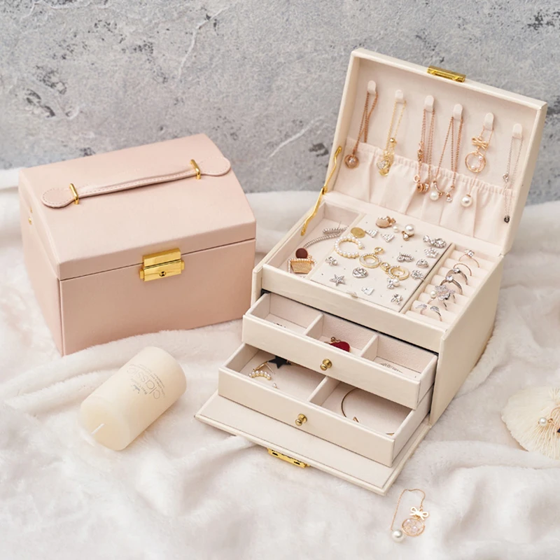 

Large Three-layers Jewelry Box PU Leather Necklace Earring Ring Holder Casket Makeup Storage Organizer Box For Gifts