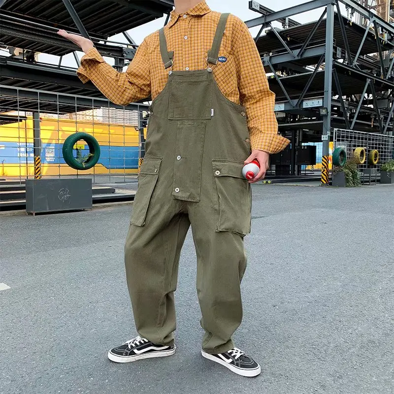 

Multi-Pocket Bib Safari Style Men Hip Hop Streetwear Cargo Work Pants Coveralls Men's Casual Loose Overalls Pant Bib Trousers