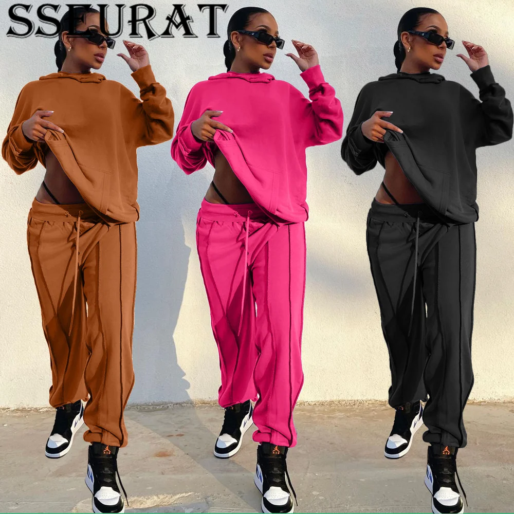 

SSEURAT Women Autumn And Winter Fashion Suit Personality Loose Anti-Car Side Strap Long Sleeve Hat Leisure Two Piece Set