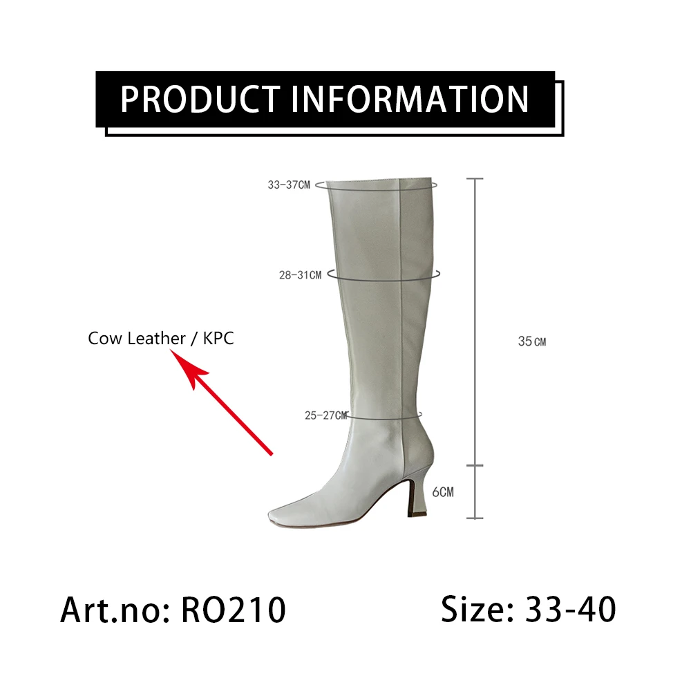 

RJN New Elegant Knee-high Boots Classic Square Toe Solid Colors High Quality Cow Leather Shoes Women Mid-heel Boots White RO210