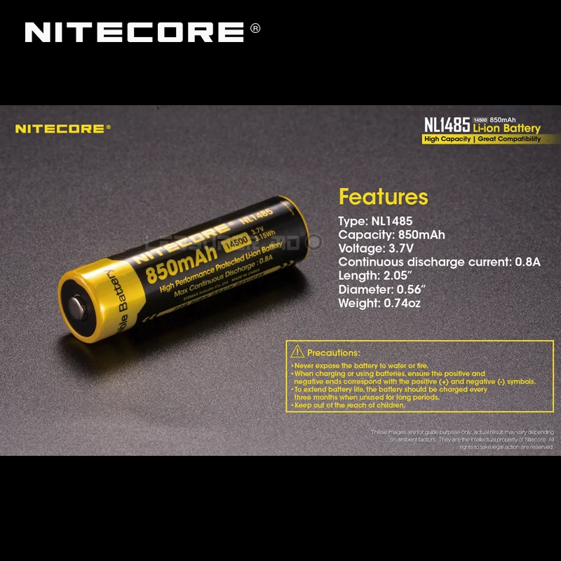 2 шт. высокопроизводительные перезаряжаемые литий ионные батареи Nitecore NL1485 850 мАч