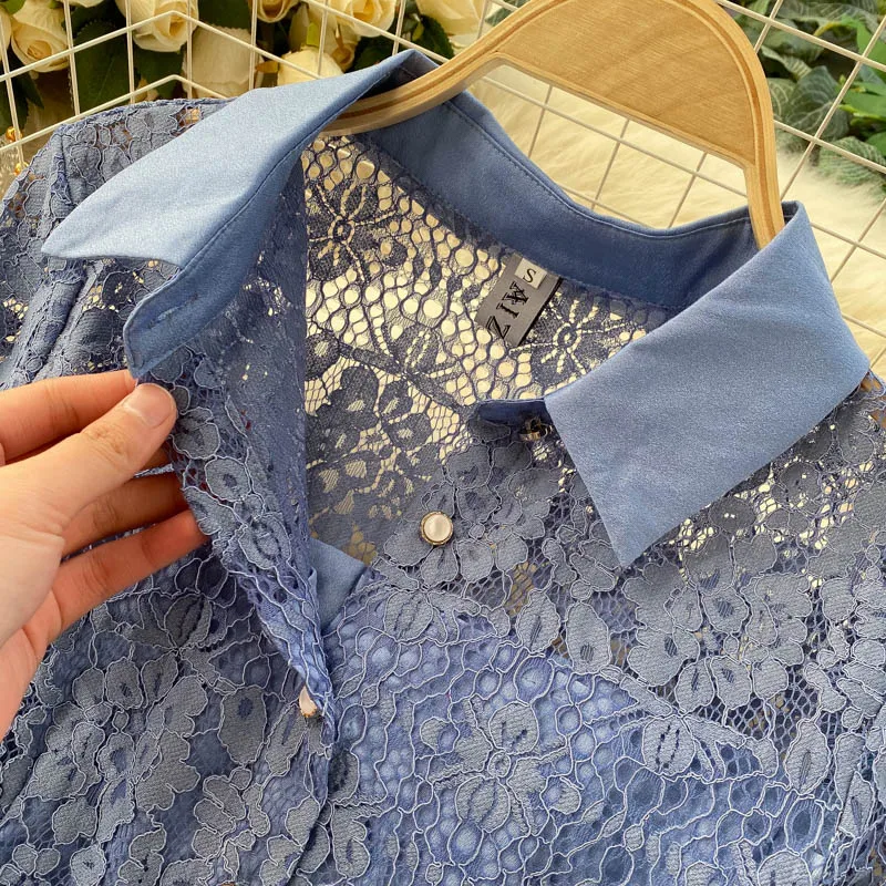 

retro dinner dress high-grade dress Lapel long sleeve heavy industry hollow out embroidery hook flower slim