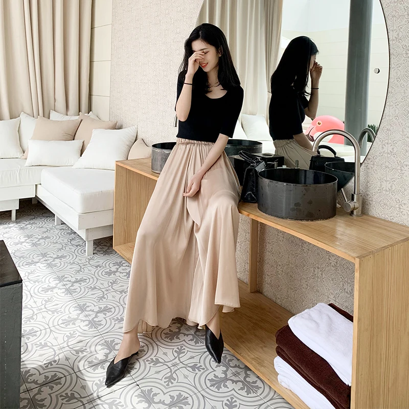 

Soft Quality Plus Size Women's Pleated Wide Leg Pants Spring Summer Elastic Waist Loose Flowy Plain Trousers Female Pantalones