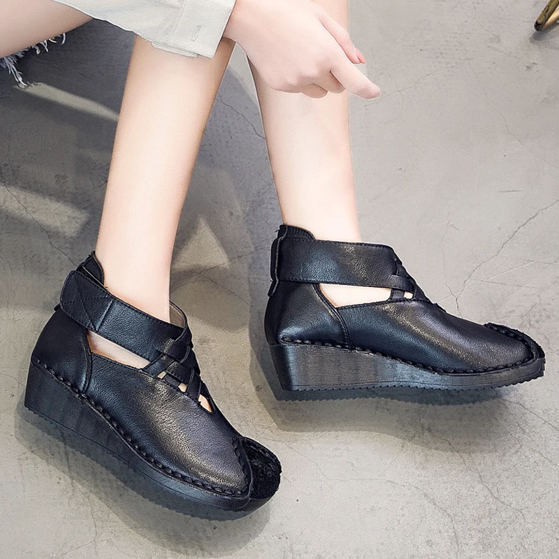 

CEYANEAO Summer casual shoes; Sandals handmade retro style; wedge sandals made of genuine leather; comfortable women's shoes