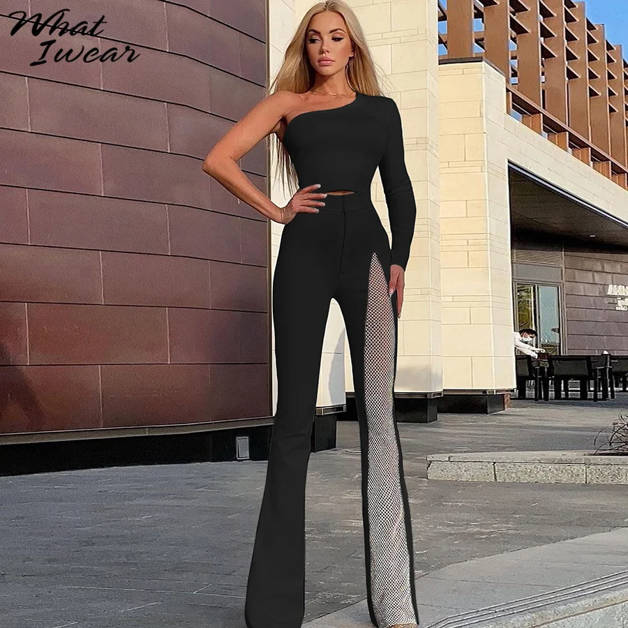 

Whatiwear French Office Trousers Women Single Leg Mesh Hollow Skinny Stretchy Pocket Pants Elegant Casual Wild Lady Streetwear