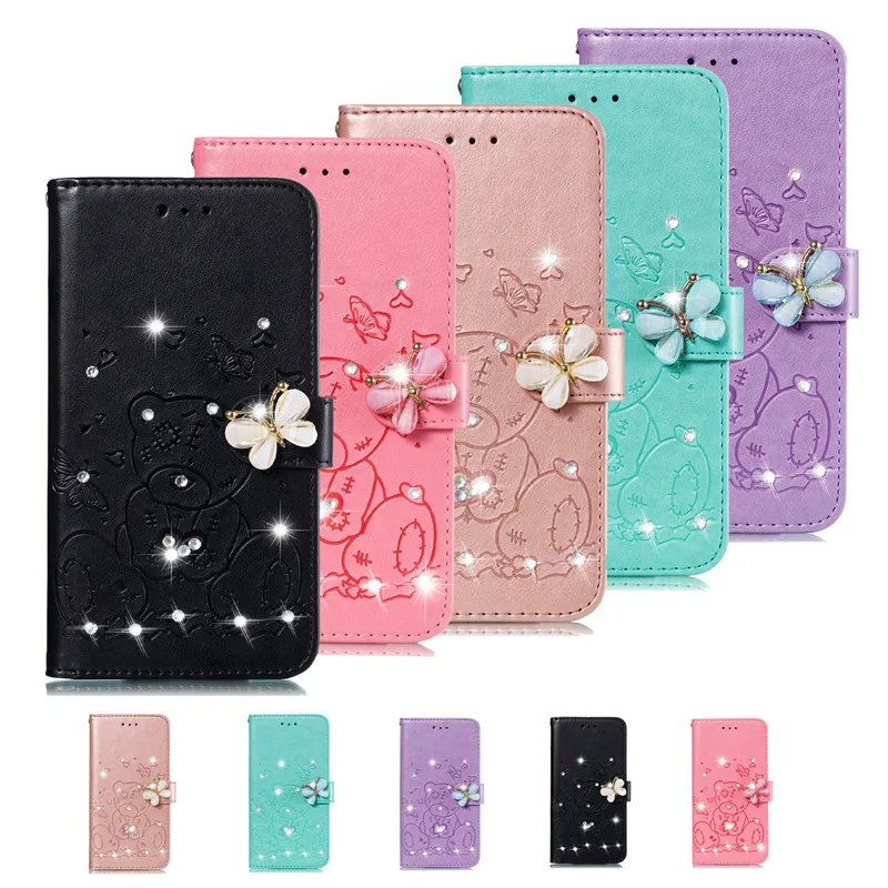 

Butterfly Bear shiny Leather Flip Phone Case For Samsung GalaxyS8 S9 S10 A7 J6 J4 M10 M20 M30 A20 A40 A50 A70 Card Stand Cover