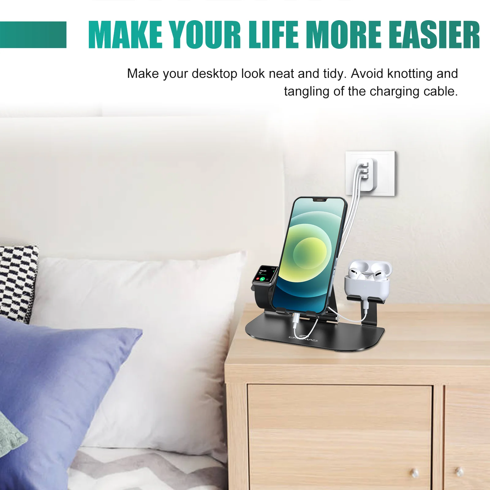 

Apple mobile phone stand, Apple watch stand, Apple earphone stand, three-in-one adjustable desktop computer stand,