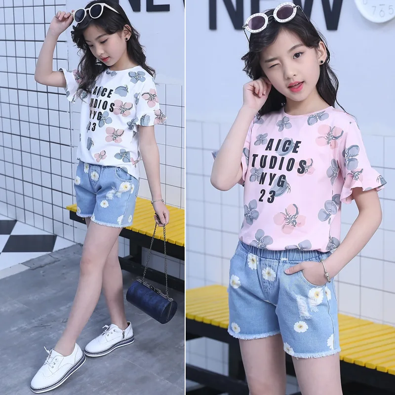 Детская одежда комплект из двух предметов футболка и штаны с цветочным принтом