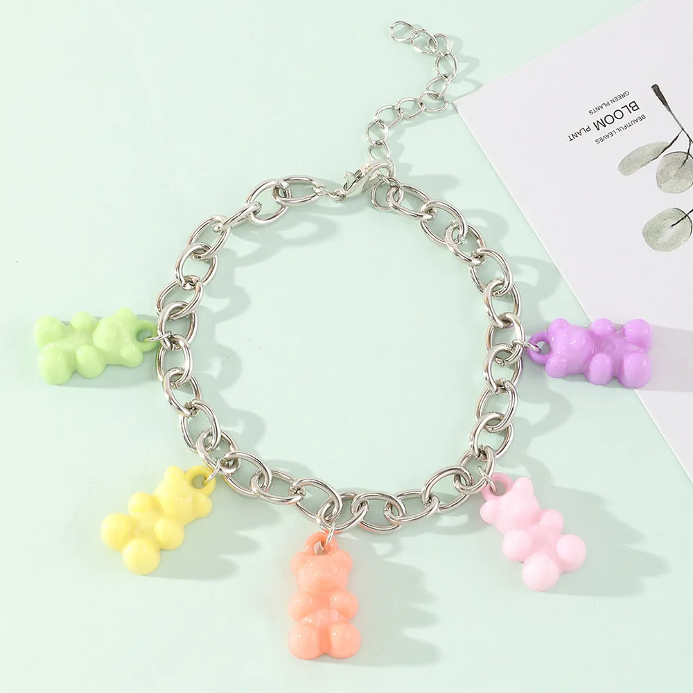 

Women Girls Rainbow Candy Colors Jelly Gummy Bear Charms Pendant Bracelet Bangles Jewelry Cute Birthday Party BFF Gifts