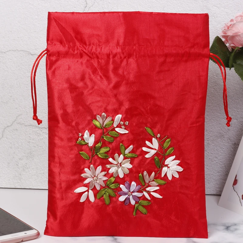 1pc Embroidered Small Satin Jewellery Pouch Gift Packaging Bags Handmade Ribbon Embroidery Drawstring Empty Sachet | Дом и сад
