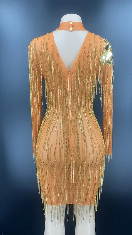 

High Elastic Khaki Gold Tassel Hollow Out Sparkly Dress Shining Beading Bodycon DJ Club Party Dancer Costume